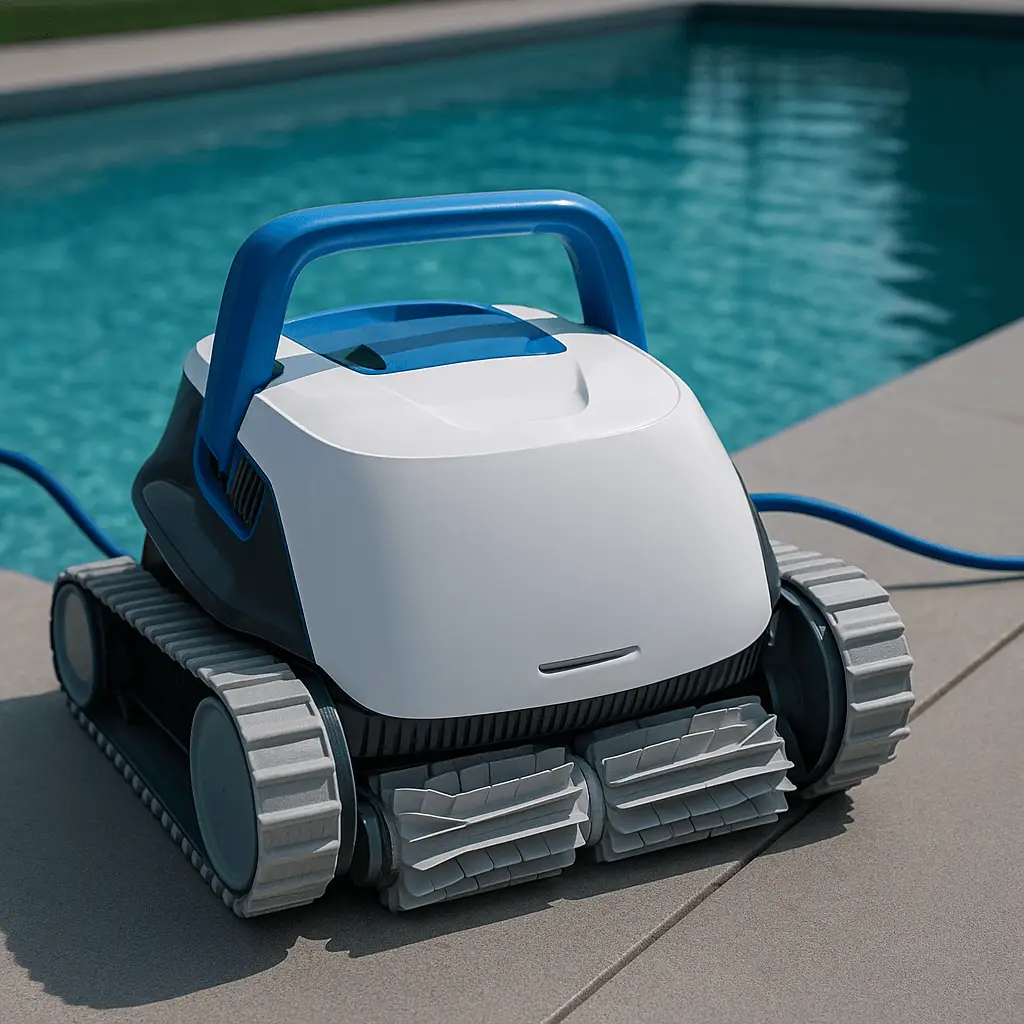 A smart robotic pool cleaner keeping a North Port pool spotless after a summer storm.