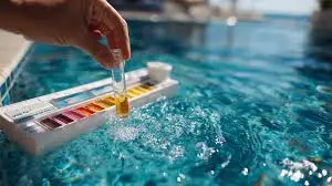 Pool water hardness testing kit near pool.