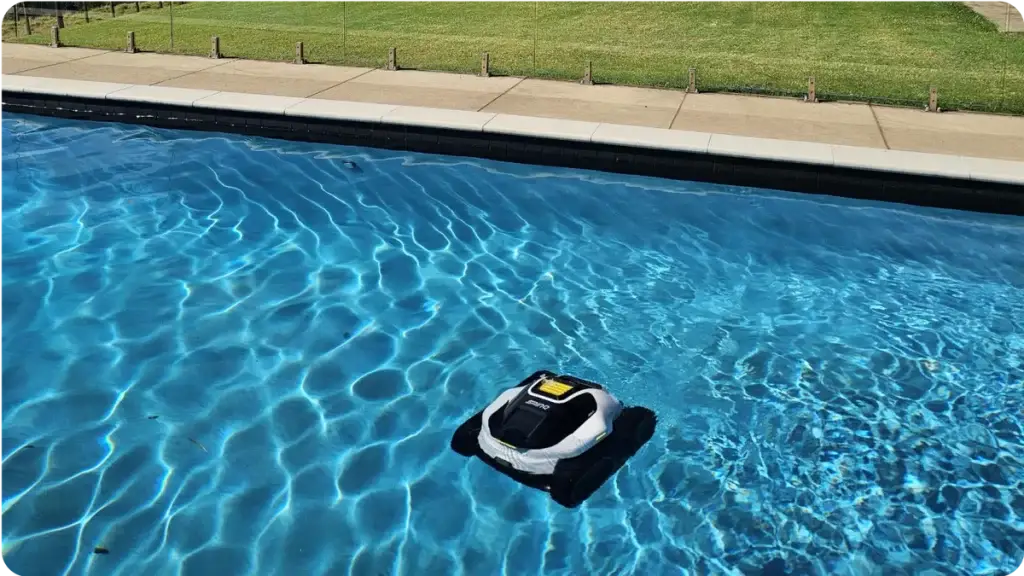 Smart pool cleaning robot scanning water surface in Florida backyard