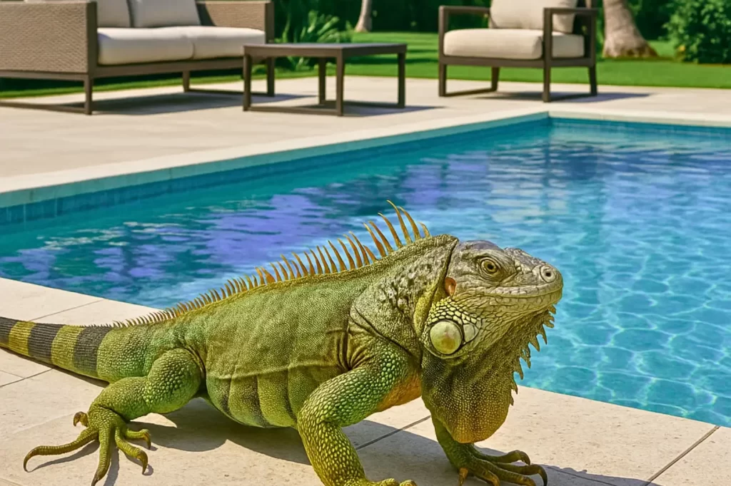 Iguana sitting near a Florida backyard swimming pool, showing how wildlife can damage pool enclosures and water quality.