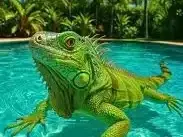 Iguana sitting near a Florida backyard swimming pool, showing how wildlife can damage pool enclosures and water quality.