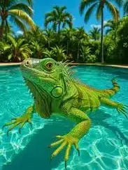 Iguana sitting near a Florida backyard swimming pool, showing how wildlife can damage pool enclosures and water quality.