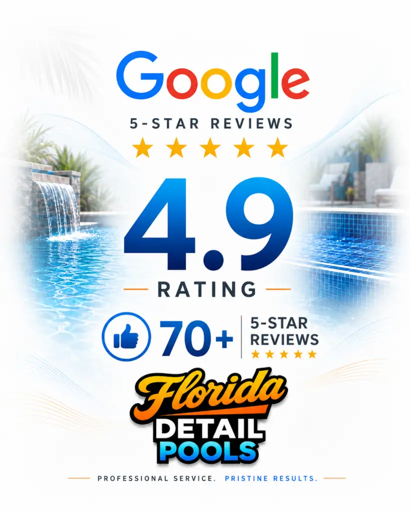 Graphic showing Google 5-star reviews and a 4.9 rating for Florida Detail Pools over a pool backdrop with water and waves.