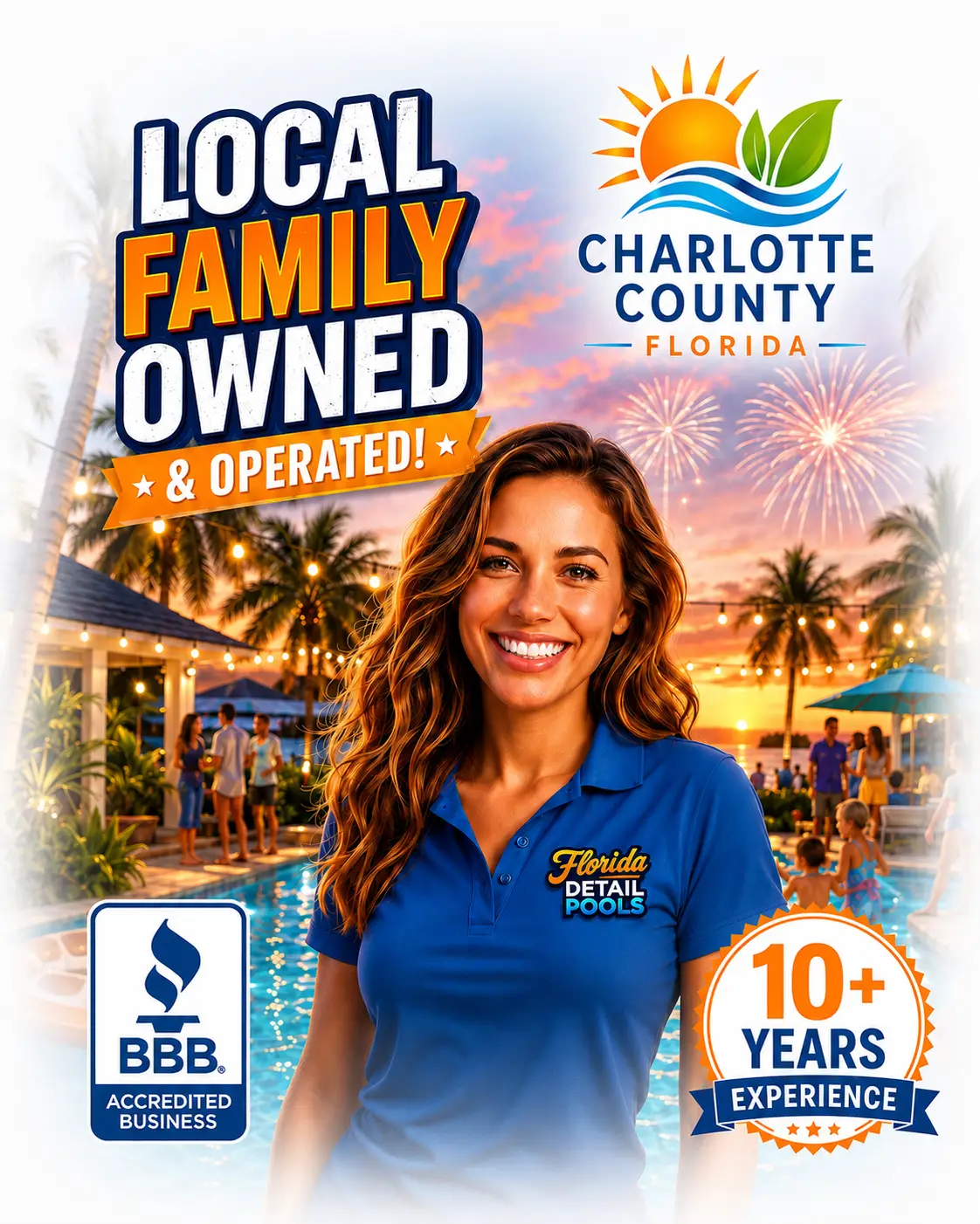 Promotional poster featuring a smiling woman in a blue polo for Florida Detail Pools; text reads 'LOCAL FAMILY OWNED & OPERATED!', BBB Accredited Business, and '10+ Years Experience' in a sunny poolside scene.