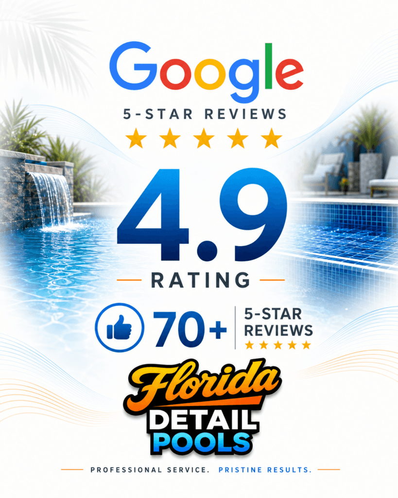 Florida Detail Pools featuring Google rating 4.9, 70+ five-star reviews, pool backdrop and branding.