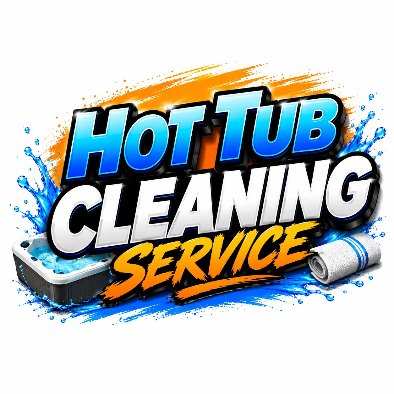 Brand logo for Hot Tub Cleaning Service featuring bold blue 'HOT TUB' and white 'CLEANING' text with an orange 'SERVICE' accent and a hot tub graphic with a towel splash background.