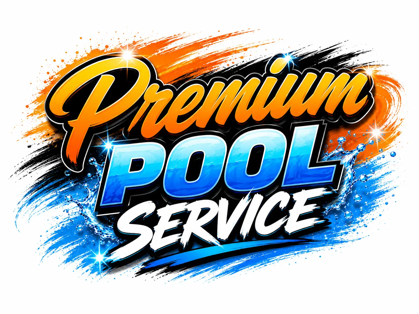 Logo saying Premium Pool Service with orange and blue splash design, used for a pool service brand. It conveys a bold, energetic pool cleaning/maintenance service.