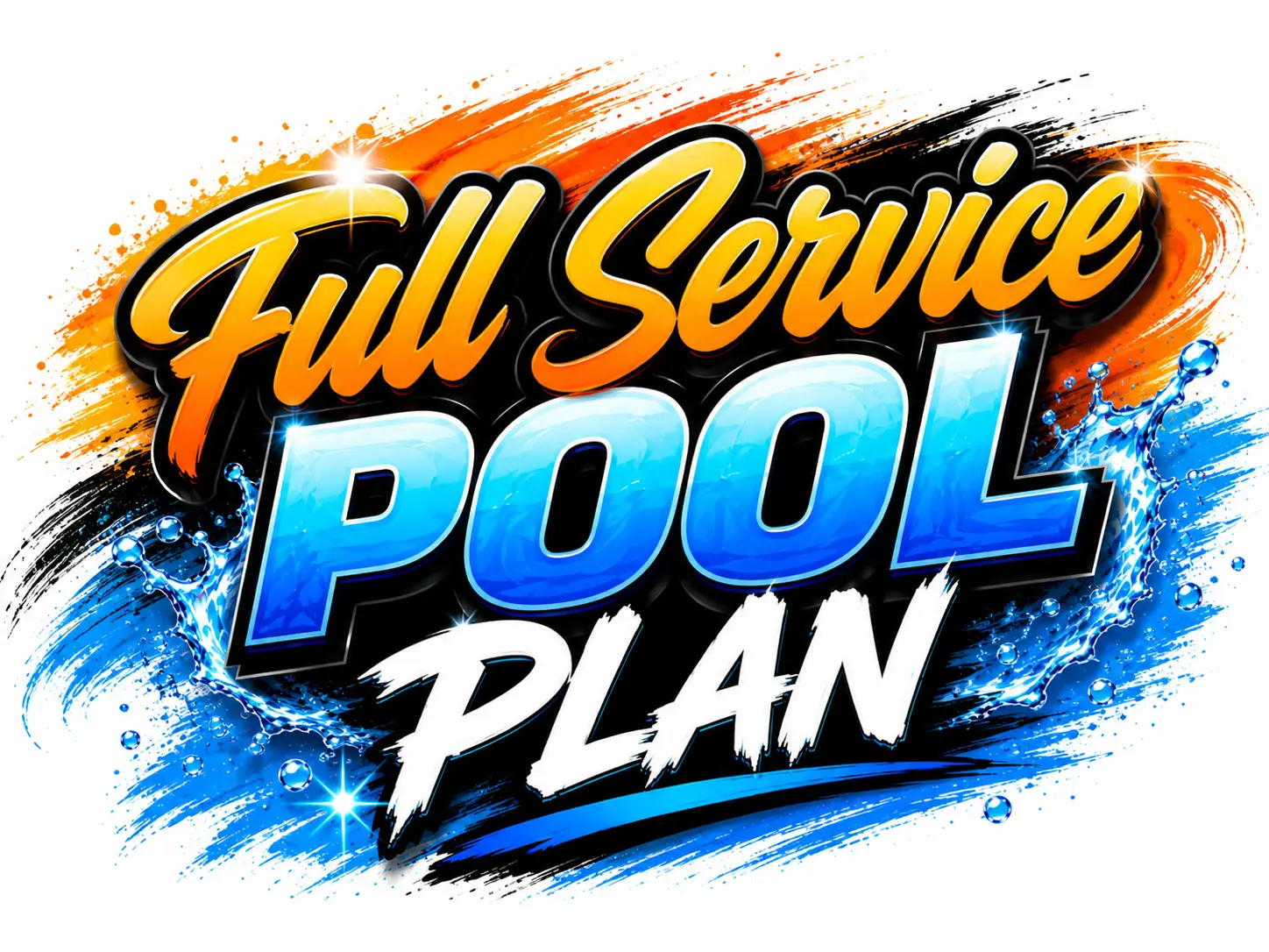 Bold, colorful banner reading 'Full Service Pool Plan' with orange script 'Full Service' and blue 'POOL PLAN' on a black background with splash art.