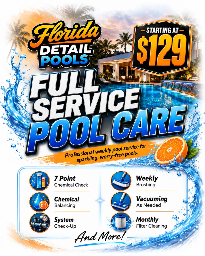 Promotional poster for Florida Detail Pools: full-service pool care, starting at 9 .