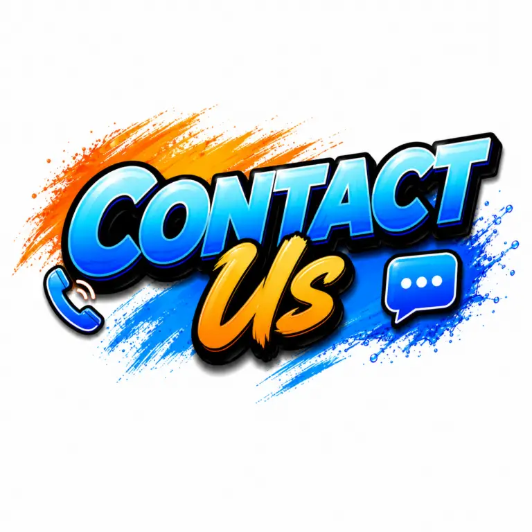 Colorful 'Contact Us' graphic with orange and blue paint splashes and a phone icon on the left and a chat bubble on the right.