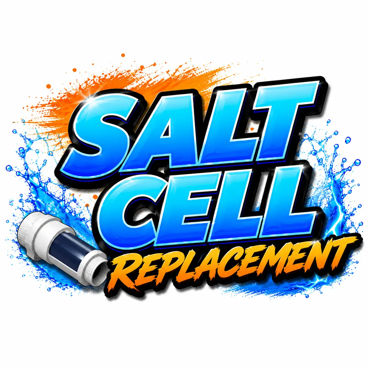 Bright logo that reads 'Salt Cell Replacement' in bold blue gradient letters with orange and blue splash backgrounds and a plumbing hose connector on the lower left.