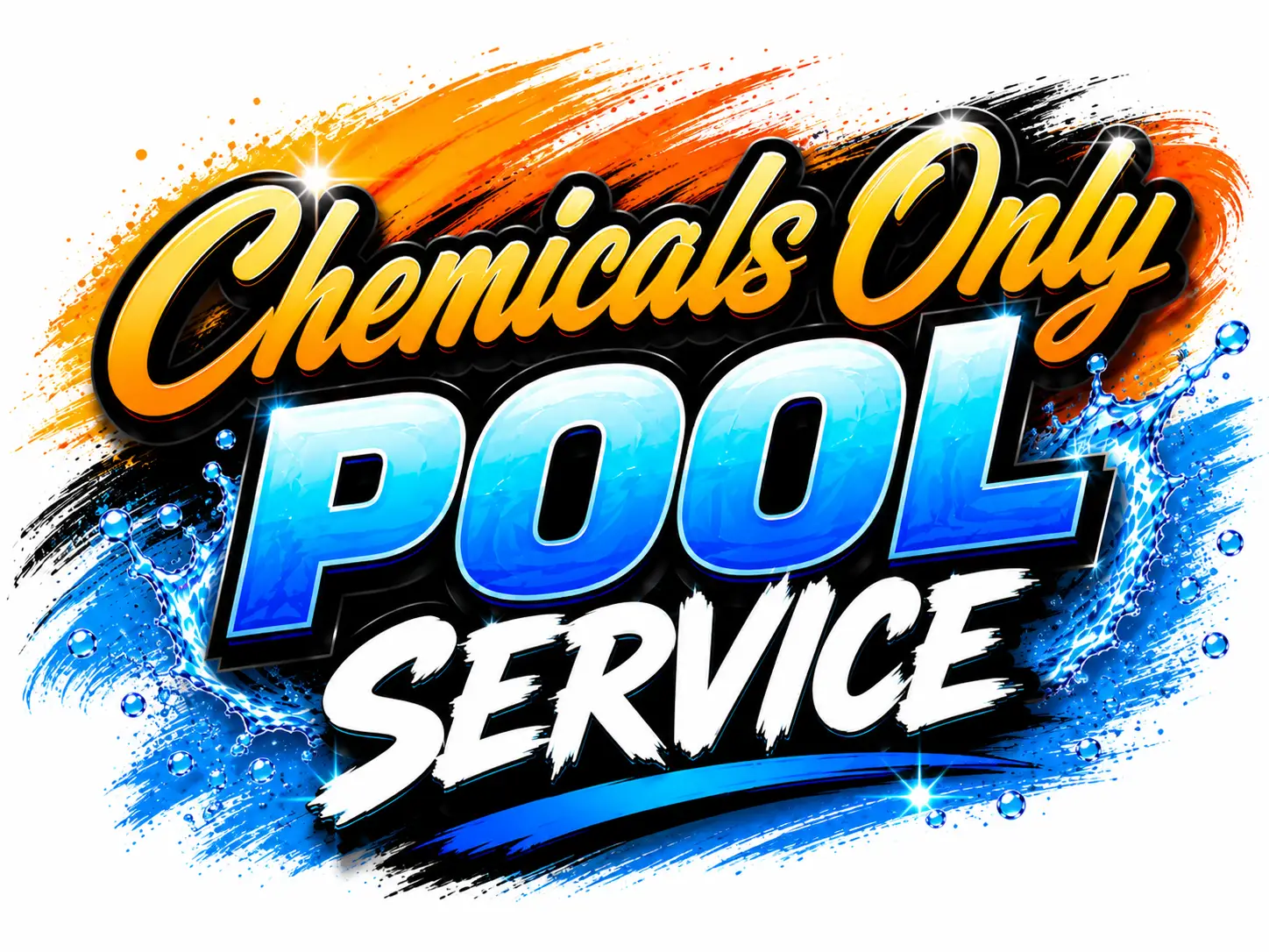 Graphic banner advertising a pool service: text 'Chemicals Only Pool Service' in orange script with blue-gradient 'POOL' and splash design