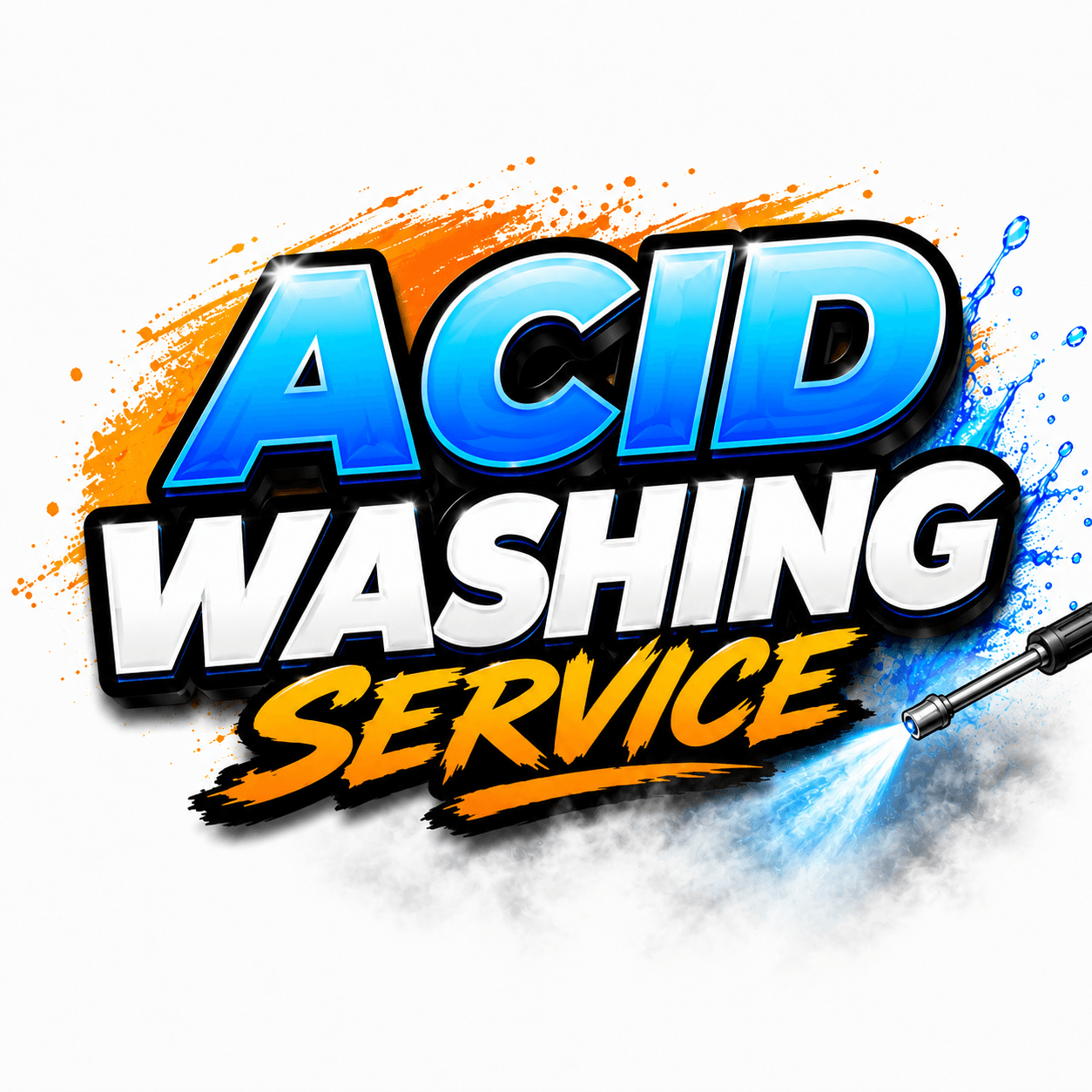 Graphic advertisement for an acid washing service with bold blue 'ACID' and white 'WASHING' text, orange and blue paint-splash background, spray nozzle on the right
