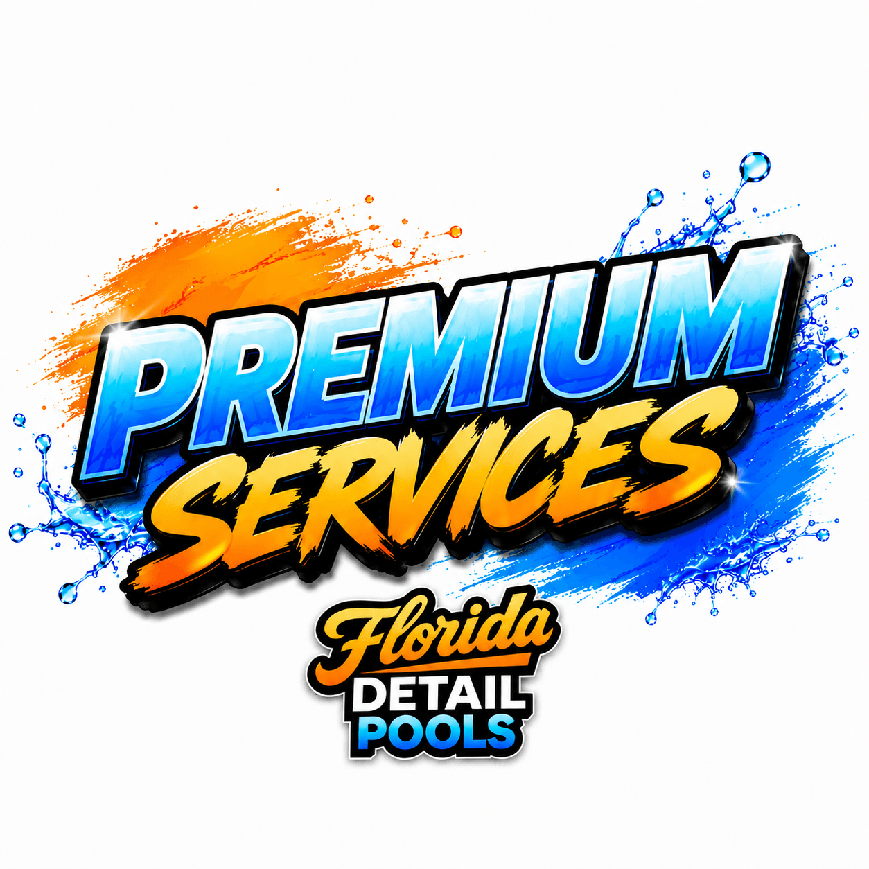 Brand logo for Premium Services by Florida Detail Pools, with blue-orange water splash background and bold text.