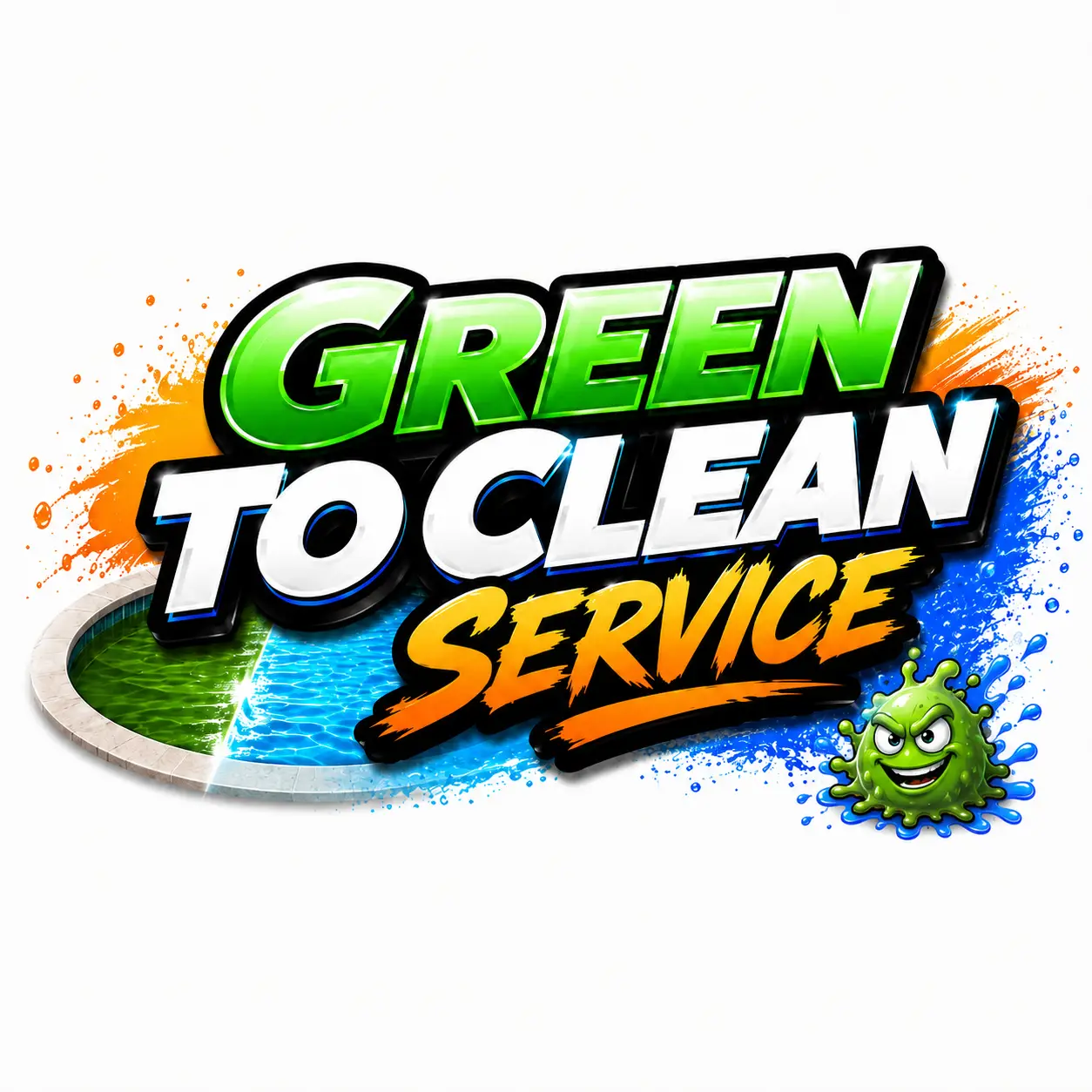 Graphic logo: 'GREEN TO CLEAN SERVICE' in bright green/white lettering with orange and blue splash, and a cartoon green germ on the side.