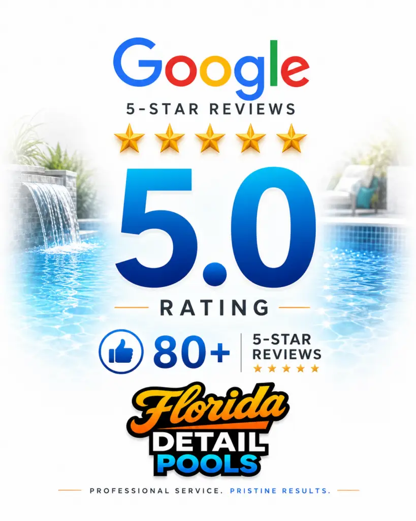 Graphic celebrating Google 5.0 rating with five gold stars, 80+ reviews, and the Florida Detail Pools logo by a pool backdrop.
