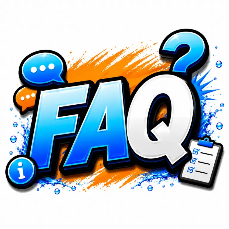E8698BB5-E3F4-41FE-AB9D-9A2A359D1220 - FloridaDetail.Com - FloridaDetail.Com Colorful FAQ illustration with large blue letters and a blue question mark, plus chat bubbles and a clipboard icon.