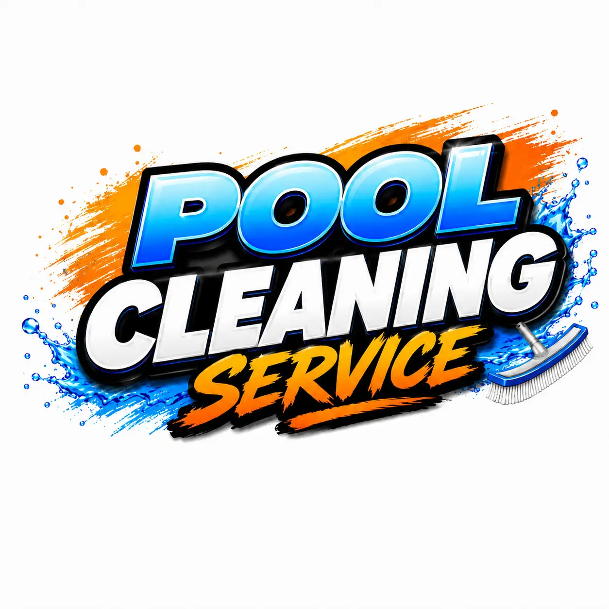 Promotional graphic that reads 'POOL CLEANING SERVICE' in bold blue letters with orange/blue splash accents and a pool brush image in the corner.