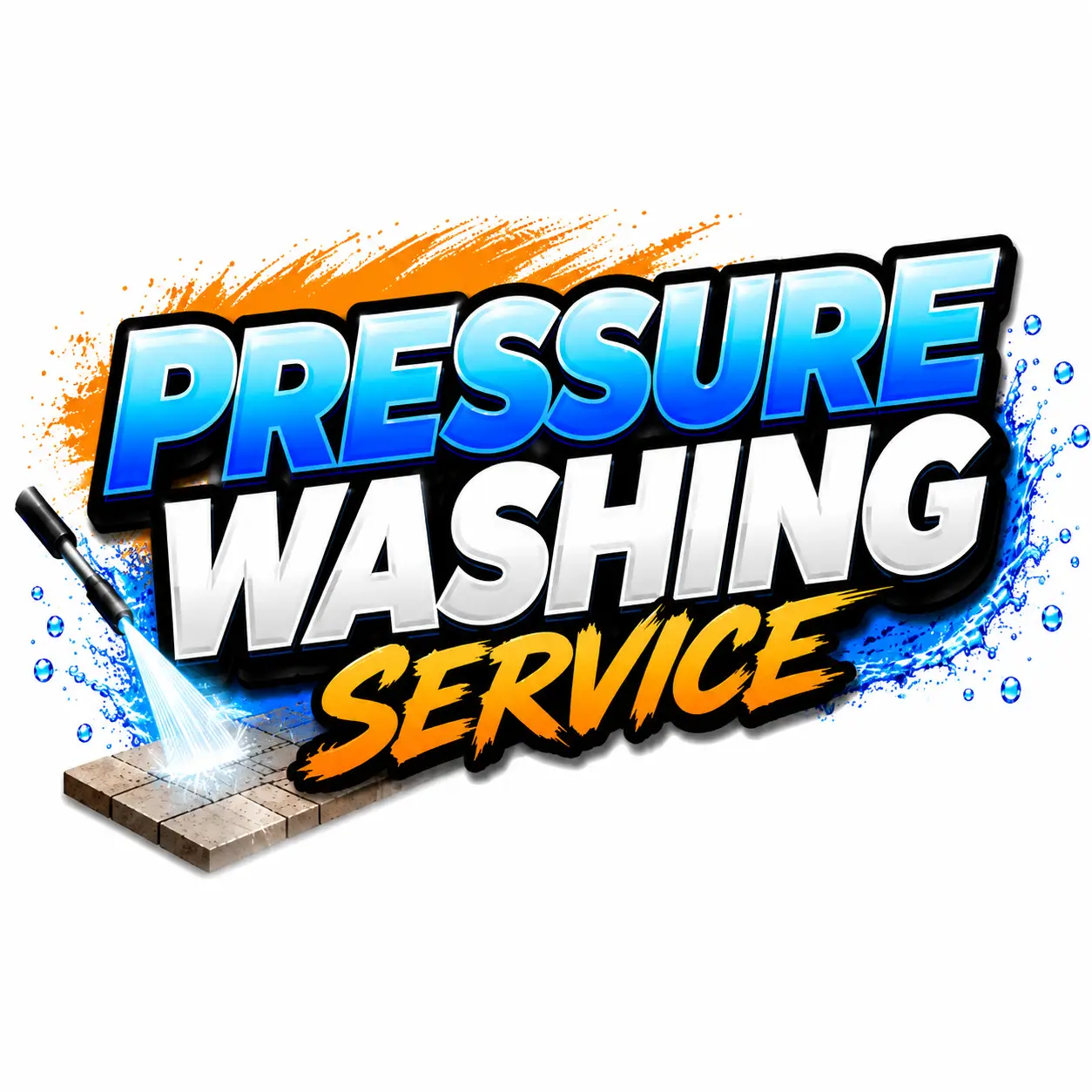 Graphic logo advertising a pressure washing service: bold blue 'PRESSURE' and white 'WASHING' with an orange splash and spray on tiles beneath.